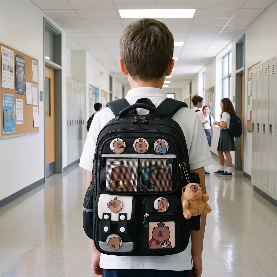 Multi-Compartment School Rucksack with Capybara Theme - Viyora