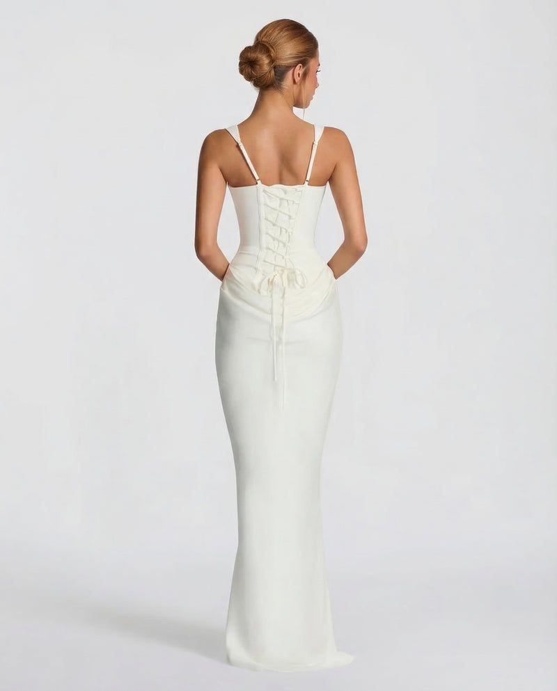 Corset Maxi Dress with Draped Skirt and Lace-Up Back