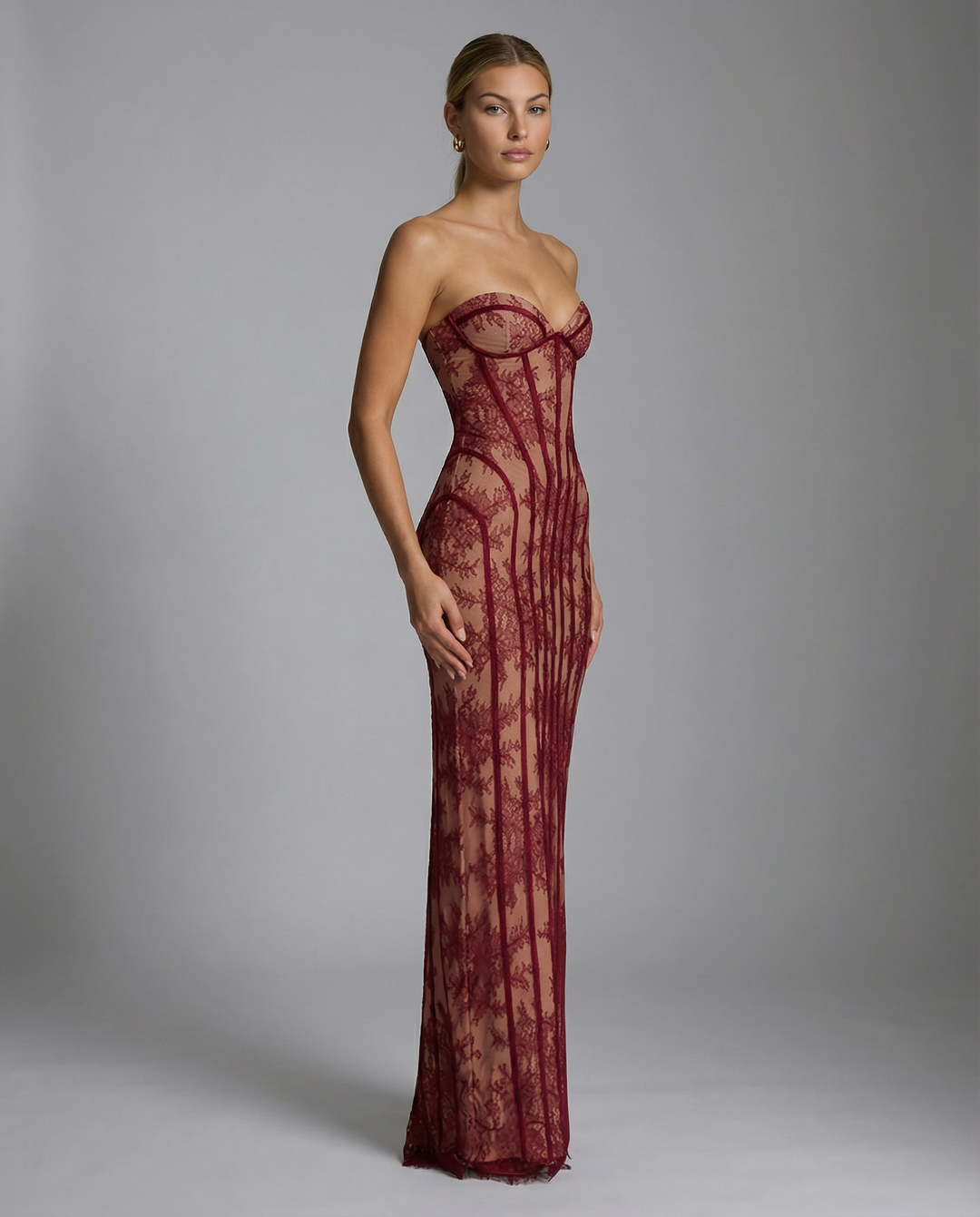 Strapless Floral Lace Maxi Dress with Corset