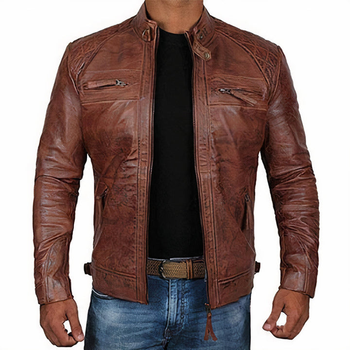 Men's Rugged Motorcycle Jacket with Zipper Pockets