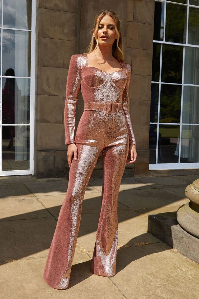 Sequin Jumpsuit with Corset Detail and Flared Legs