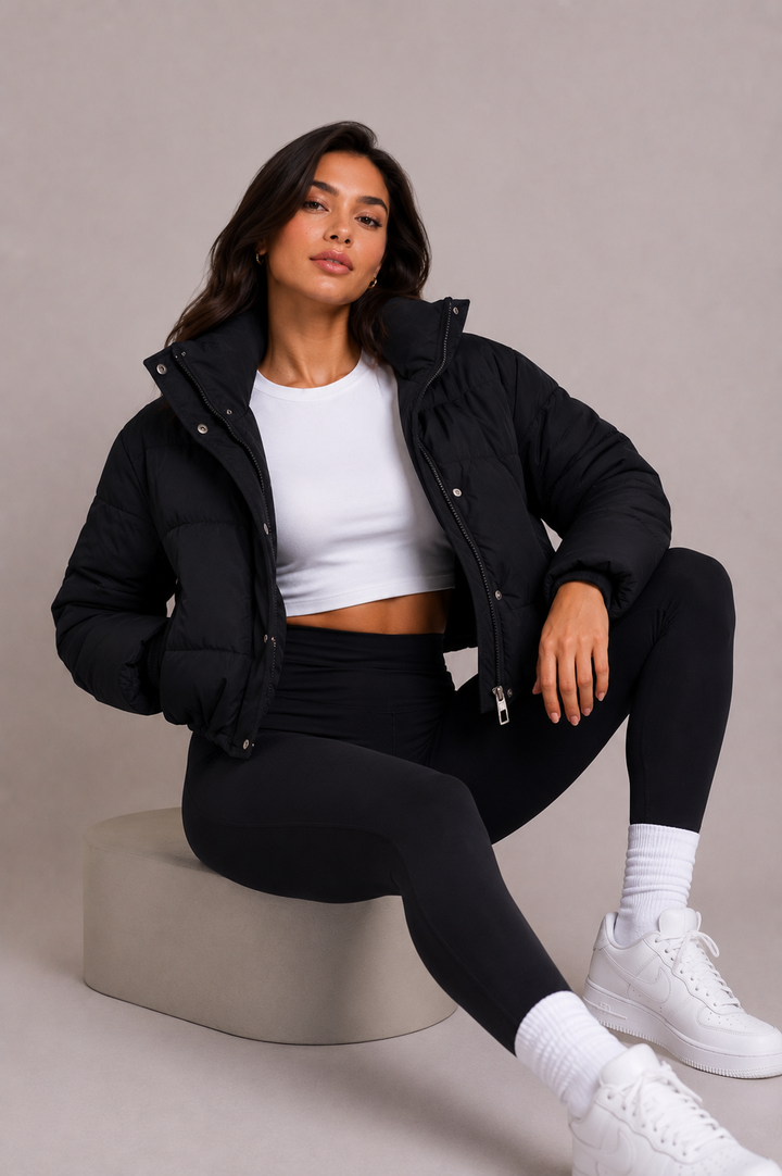 Women's Short Quilted Puffer Jacket with Fitted Hood