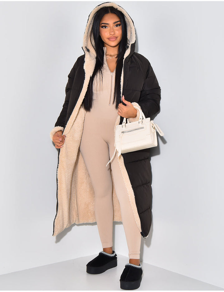 Reversible Women's Quilted Coat with Hood, Ankle-Length