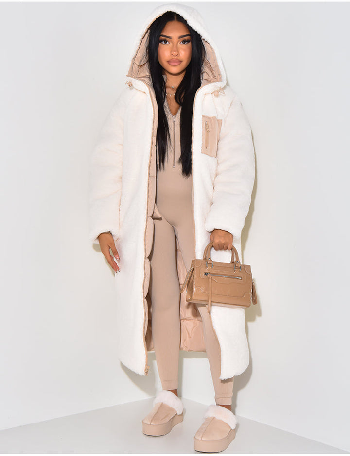 Reversible Women's Quilted Coat with Hood, Ankle-Length
