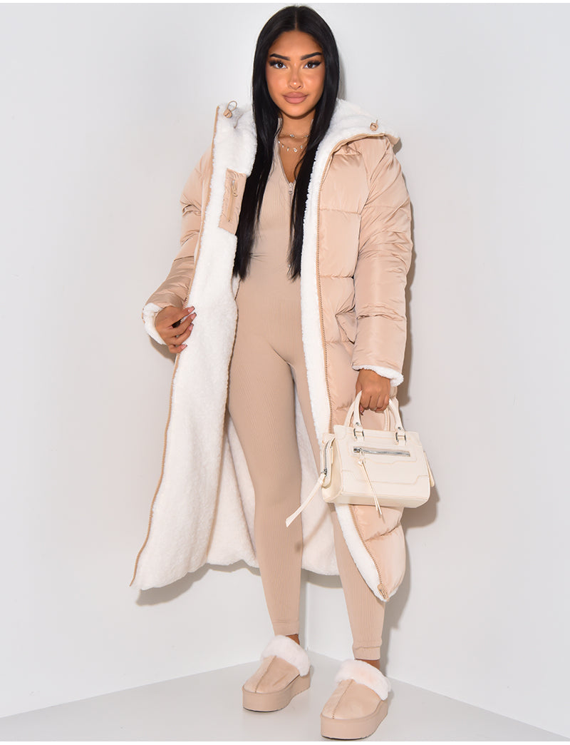 Reversible Women's Quilted Coat with Hood, Ankle-Length