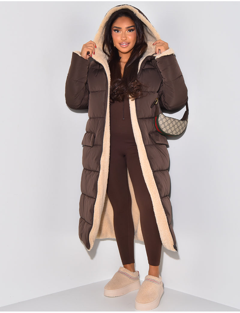 Women's Reversible Long Puffer Coat with Hood, Ankle-Length