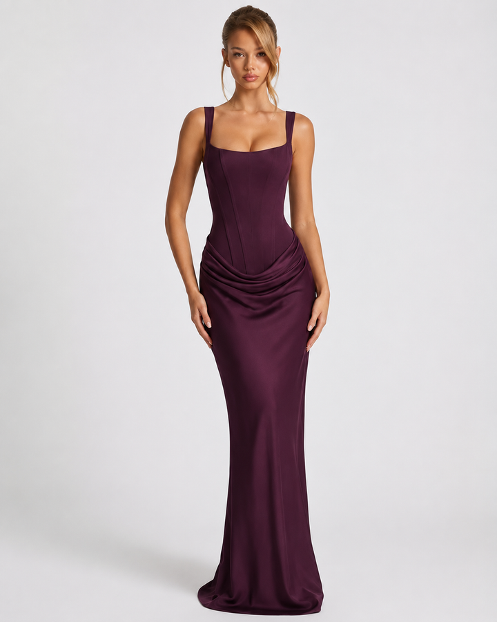 Corset Maxi Dress with Draped Skirt and Lace-Up Back