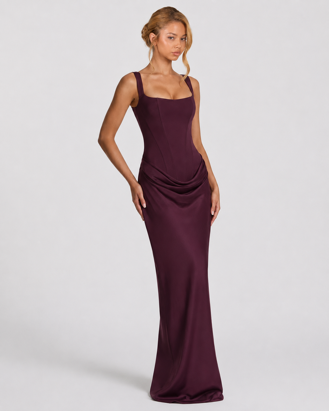 Corset Maxi Dress with Draped Skirt and Lace-Up Back