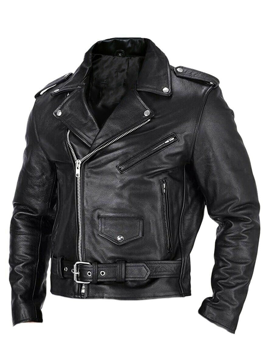 Slim Fit Leather Men's Biker Jacket with Stand-Up Collar - Ryder