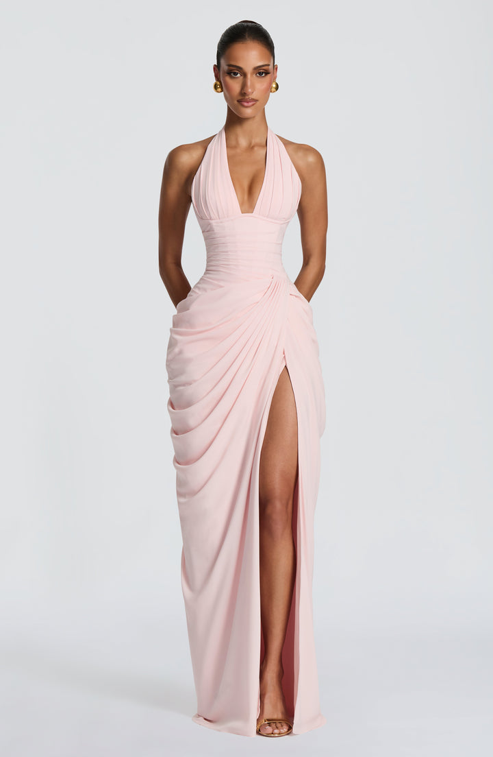 Linde Halterneck Maxi Dress with Corset Bodice and Chiffon Skirt