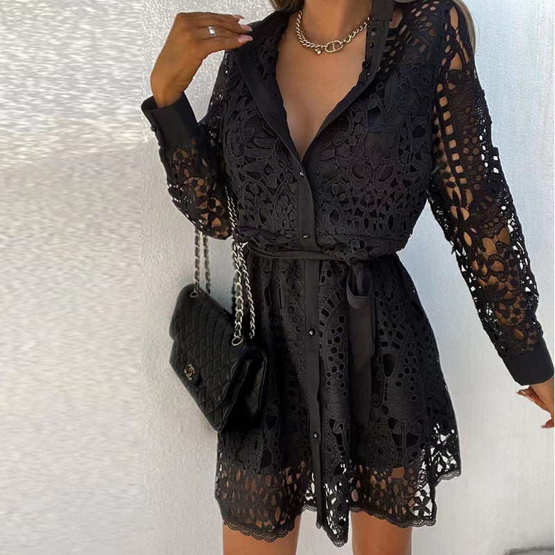 Dionne - Lace Dress with Long Sleeves and V-Neck