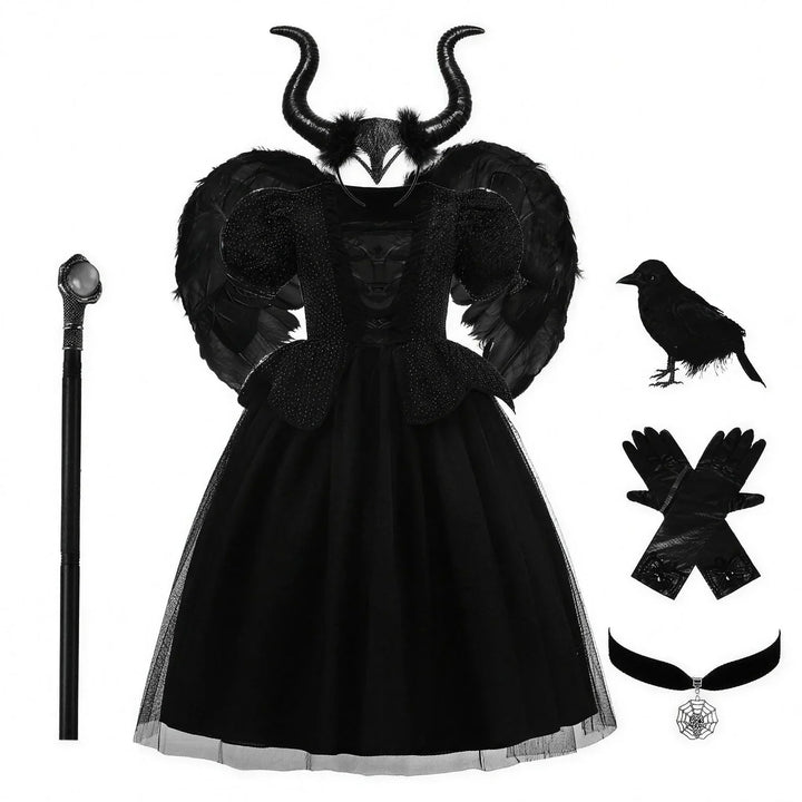 Girls' Horned Witch Fancy Dress - Black Tulle Gala Dress Costume