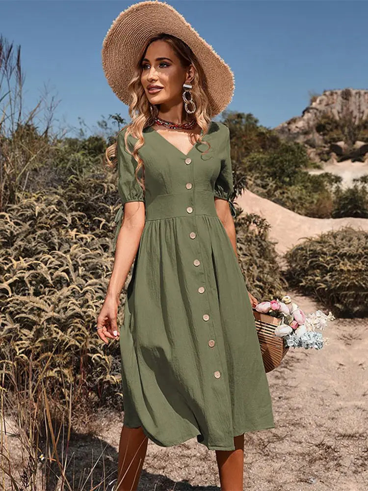 V-Neck Cotton Spring/Summer Dress with Effortless Elegance
