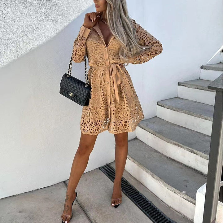 Dionne - Lace Dress with Long Sleeves and V-Neck