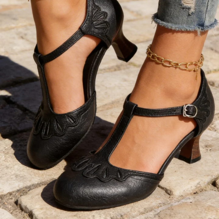 Women's Vintage T-Strap Pumps – Mid Block Heel, Dressy-Casual Shoes