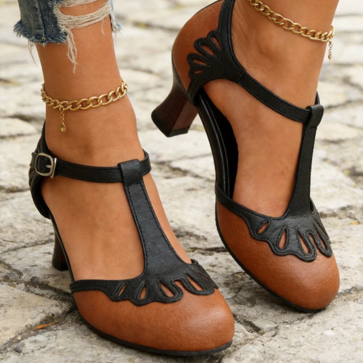 Women's Vintage T-Strap Pumps – Mid Block Heel, Dressy-Casual Shoes