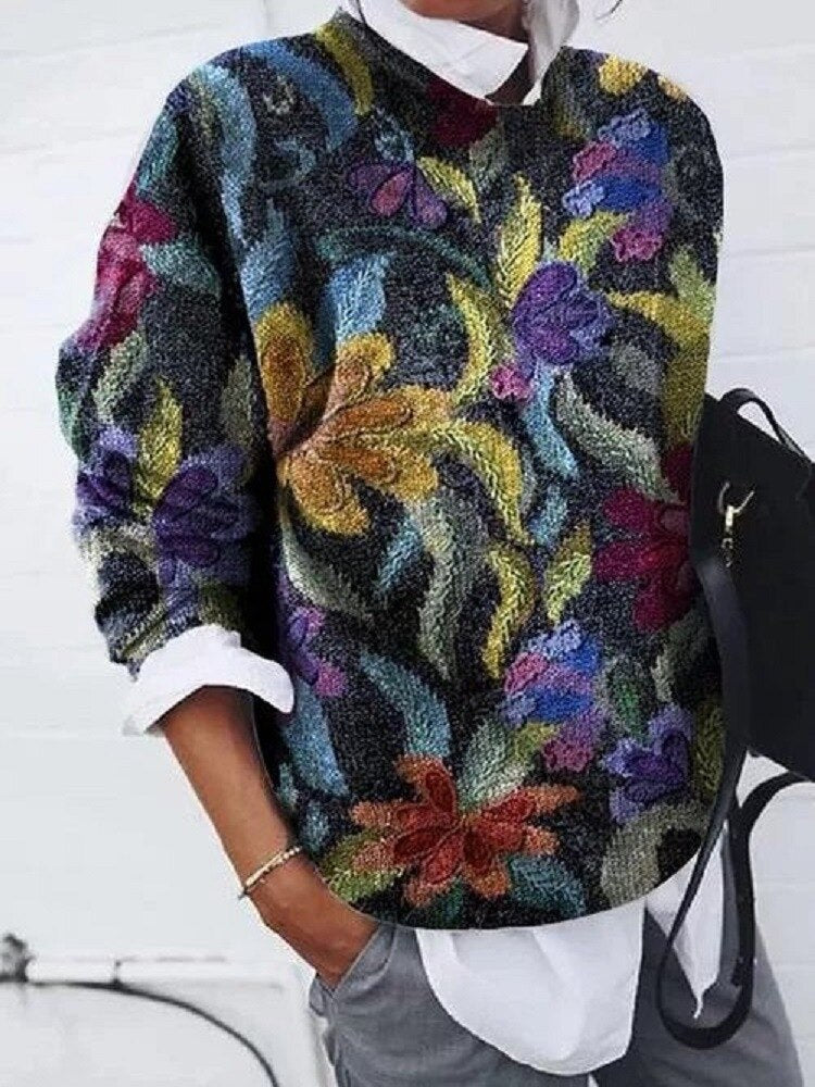 Women's Floral Print Sweater – Knitted Pullover with Patterned Print