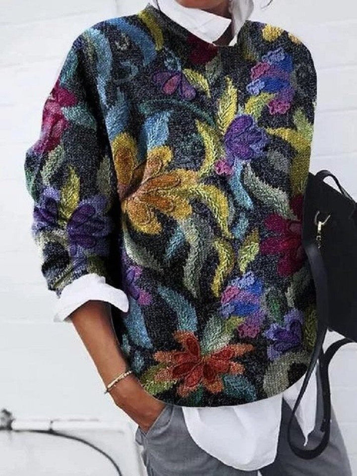 Women's Floral Print Sweater – Knitted Pullover with Patterned Print