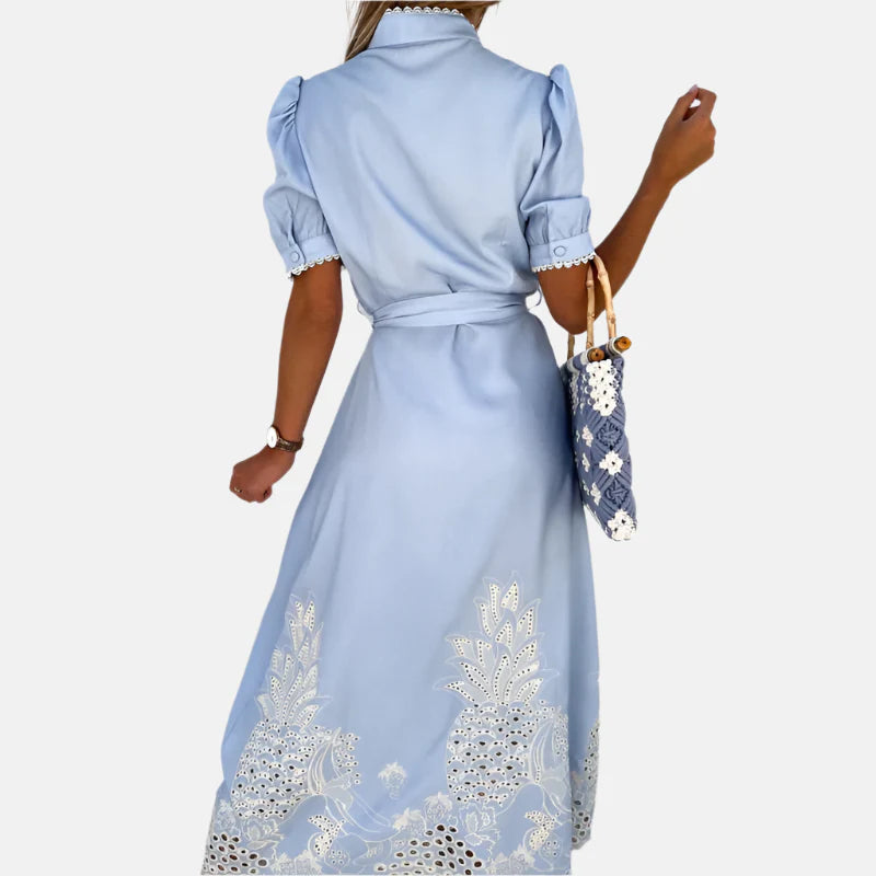 Women’s Embroidered Blue Dress with Elegant Detailing