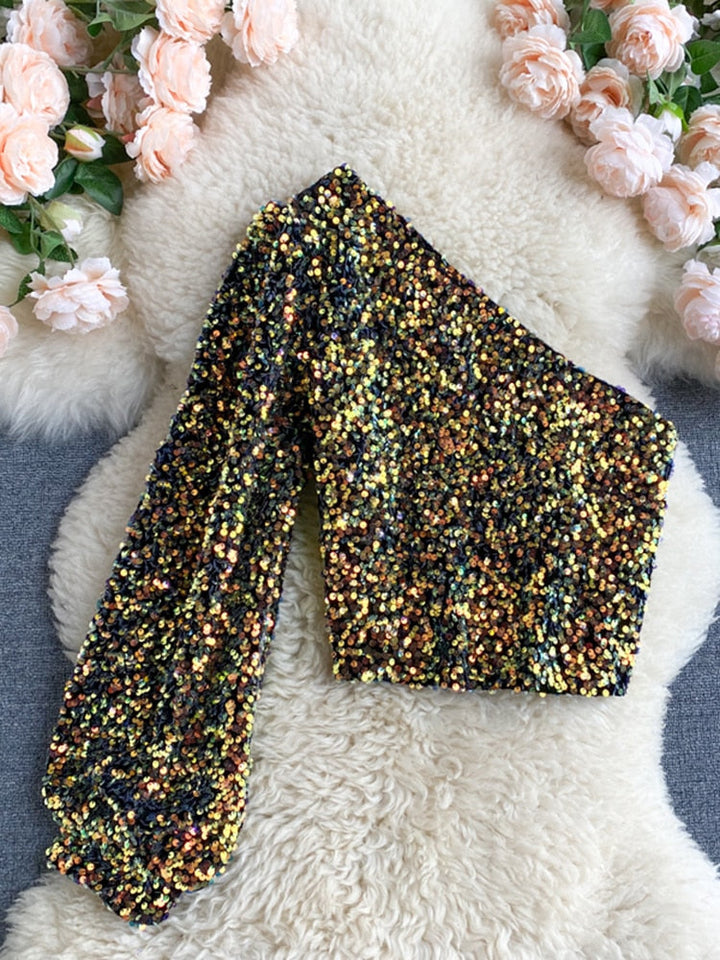 Fleur – Glitter One-Shoulder Top | Sparkle with Elegance
