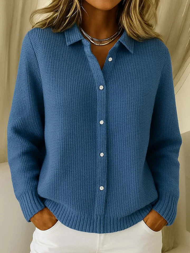 Women's Knitted Polo Sweater with Texture, Collar and Button Fastening