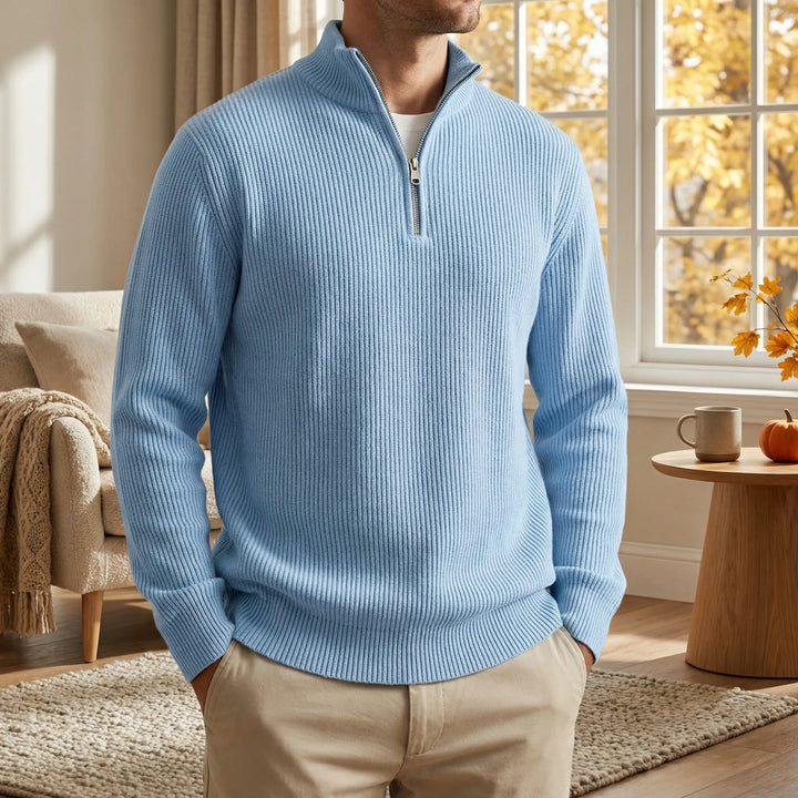 Men's Sweater | Ribbed Long-Sleeved Sweater with Half Zip