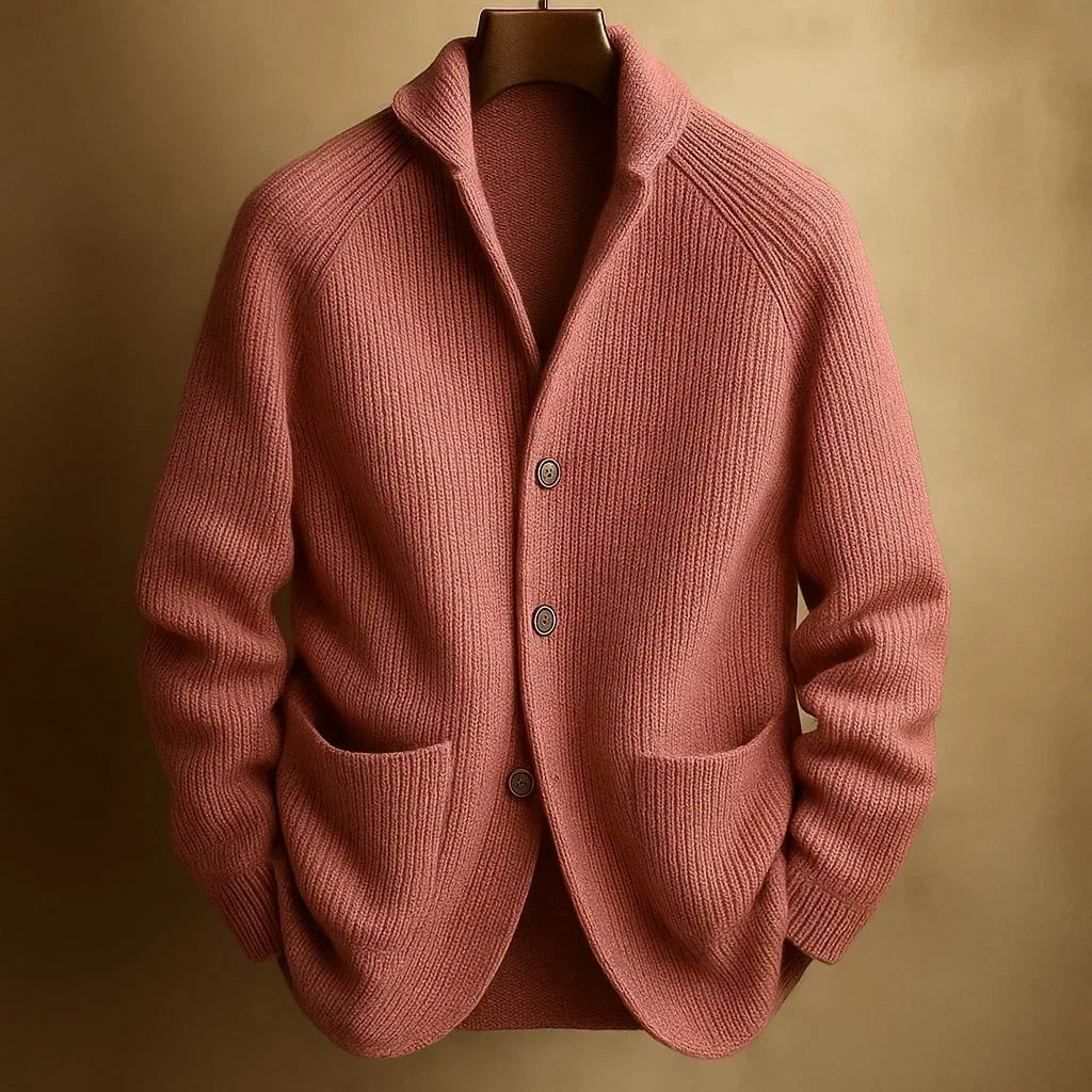 Classic cardigan with button placket, shawl collar and ribbed texture