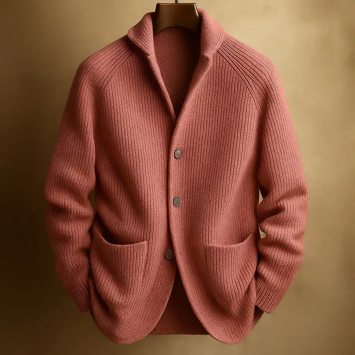 Classic cardigan with button placket, shawl collar and ribbed texture