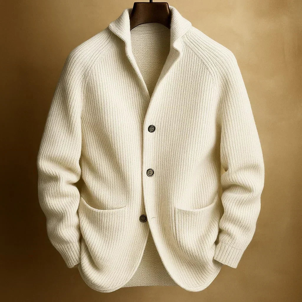 Classic cardigan with button placket, shawl collar and ribbed texture
