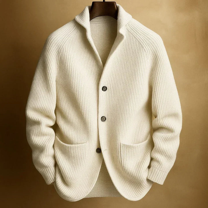 Classic cardigan with button placket, shawl collar and ribbed texture