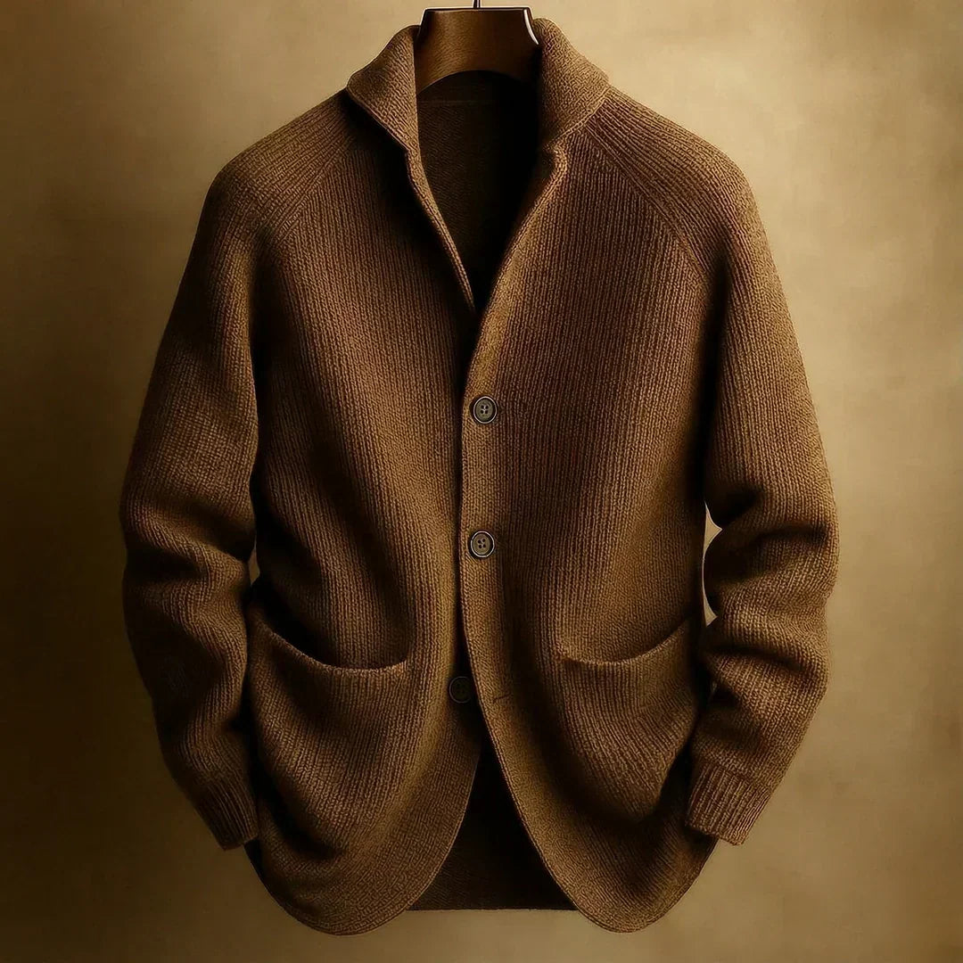 Classic cardigan with button placket, shawl collar and ribbed texture