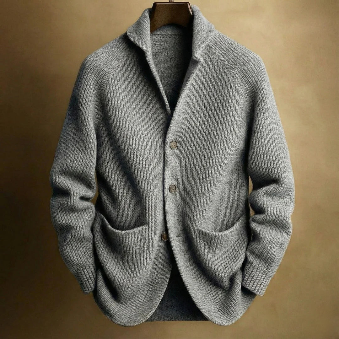 Classic cardigan with button placket, shawl collar and ribbed texture