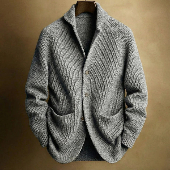 Classic cardigan with button placket, shawl collar and ribbed texture
