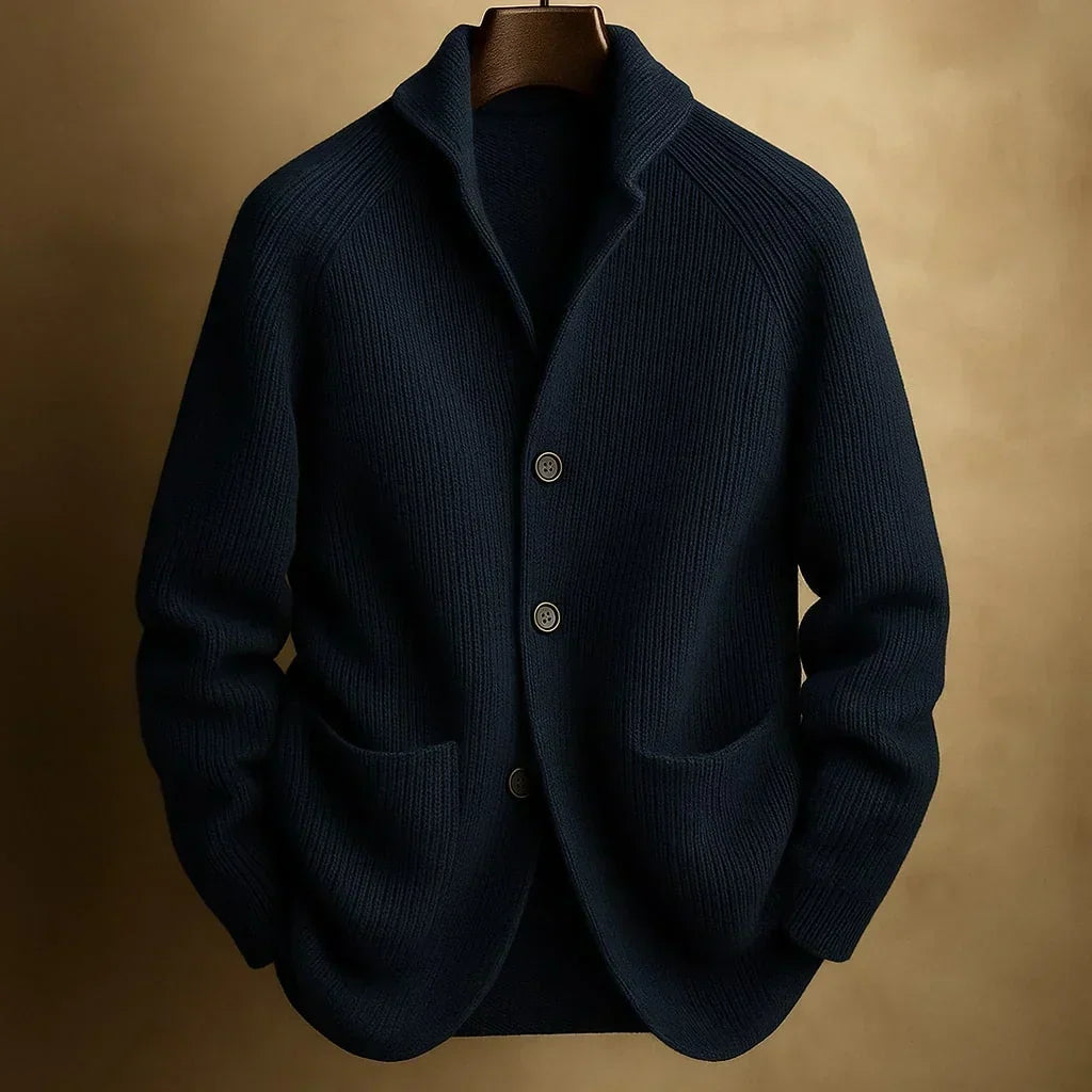 Classic cardigan with button placket, shawl collar and ribbed texture