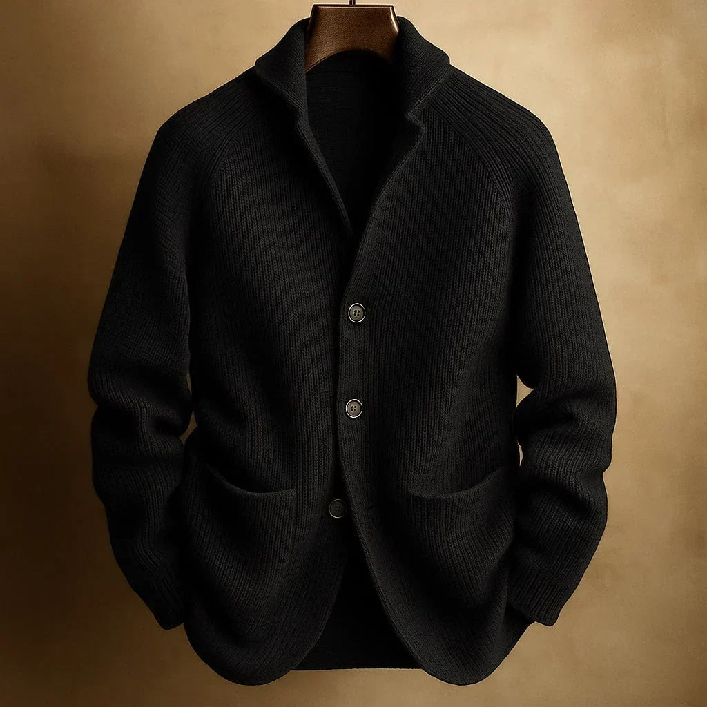 Classic cardigan with button placket, shawl collar and ribbed texture