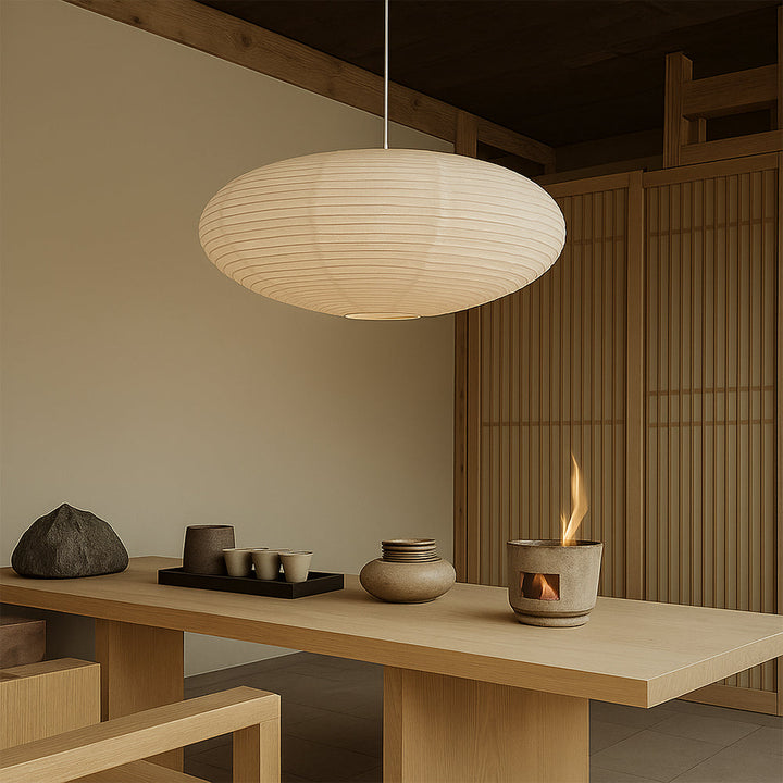 Wabi-Sabi Pendant Light with Paper Shade – Japanese Minimalist Design