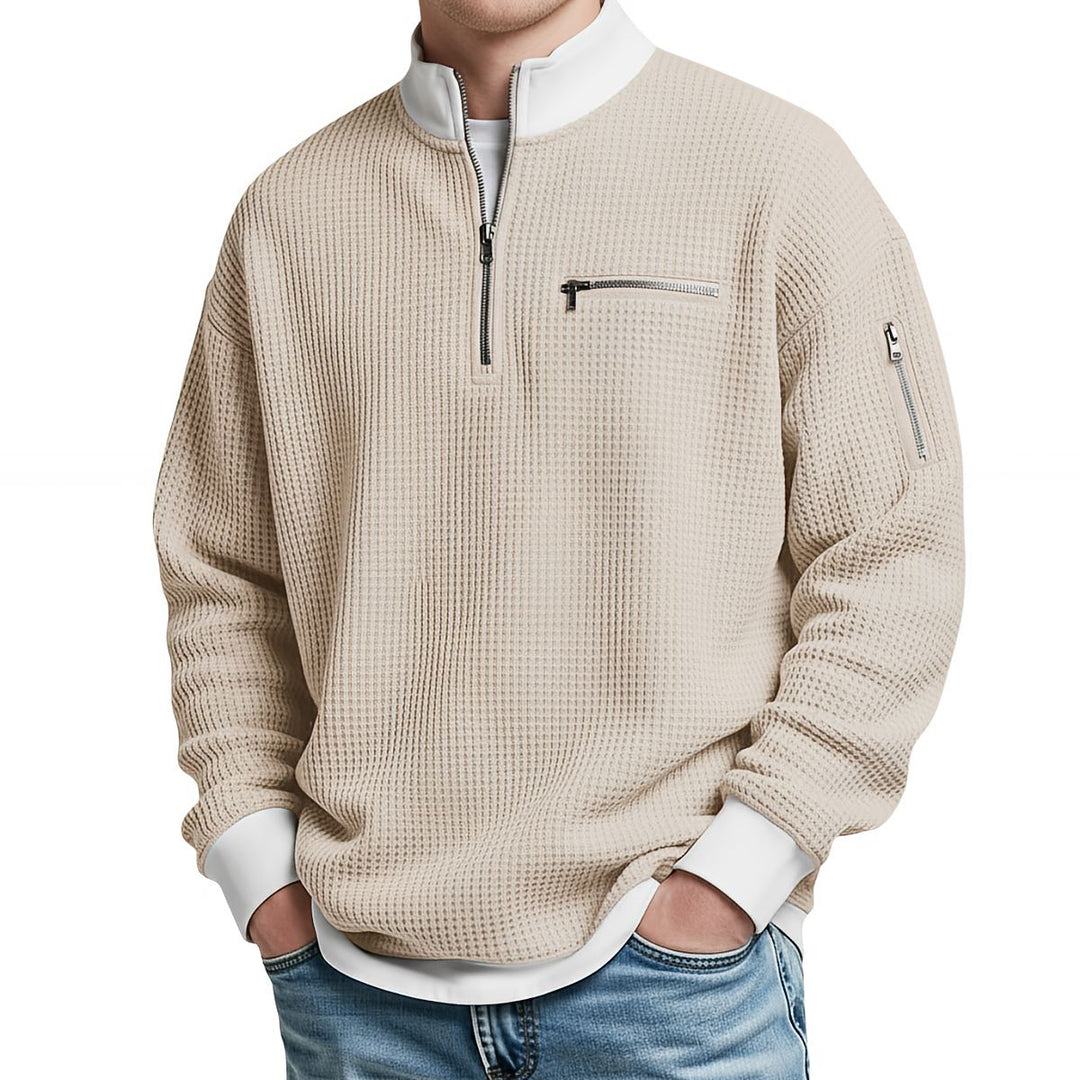 Men's waffle-knit sweater with 1/4 zip at the collar
