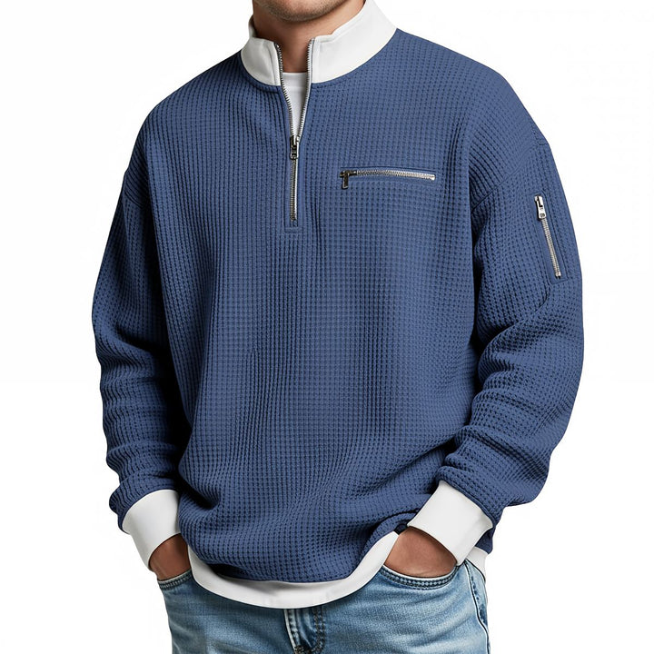 Men's waffle-knit sweater with 1/4 zip at the collar