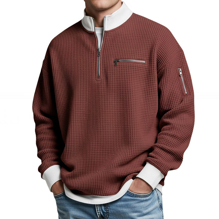 Men's waffle-knit sweater with 1/4 zip at the collar
