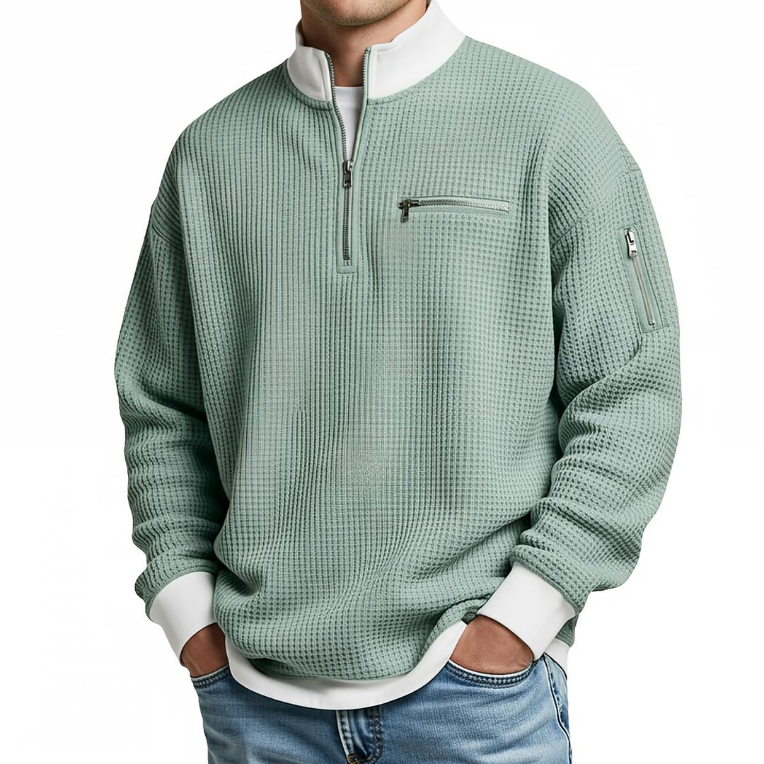 Men's waffle-knit sweater with 1/4 zip at the collar