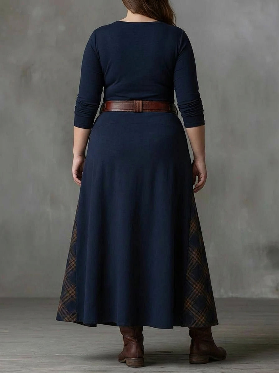 Women's Maxi Dress with Check Print, Suede Look and Belt