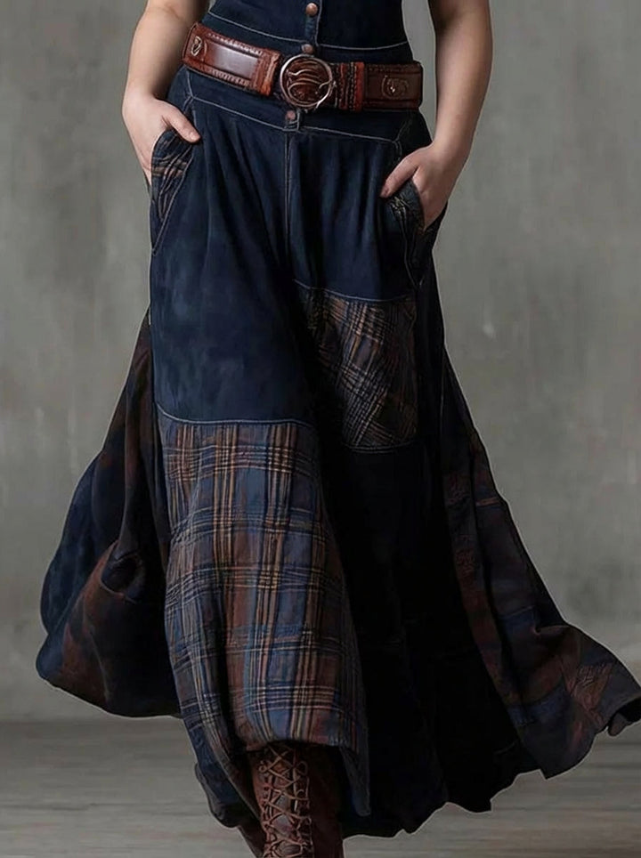 Women's Maxi Dress with Check Print, Suede Look and Belt