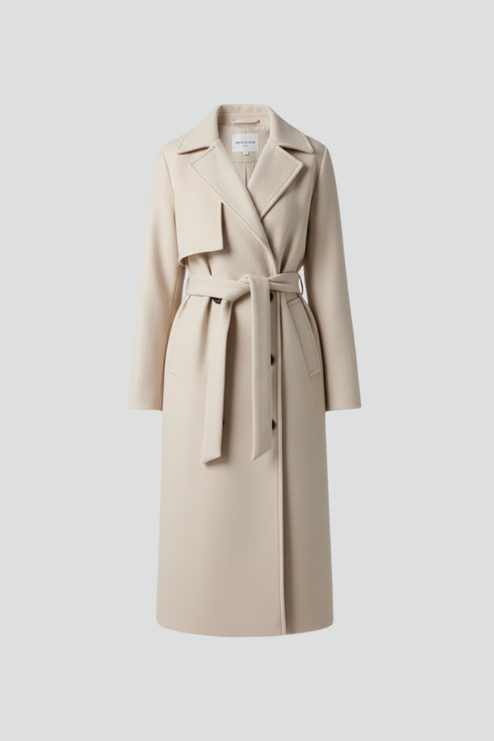 Women's Long Coat with Belt and Double-Breasted Buttons