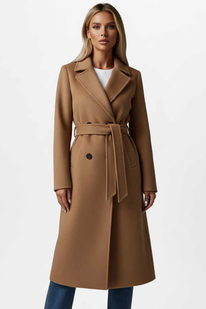 Women's Long Coat with Belt and Double-Breasted Buttons