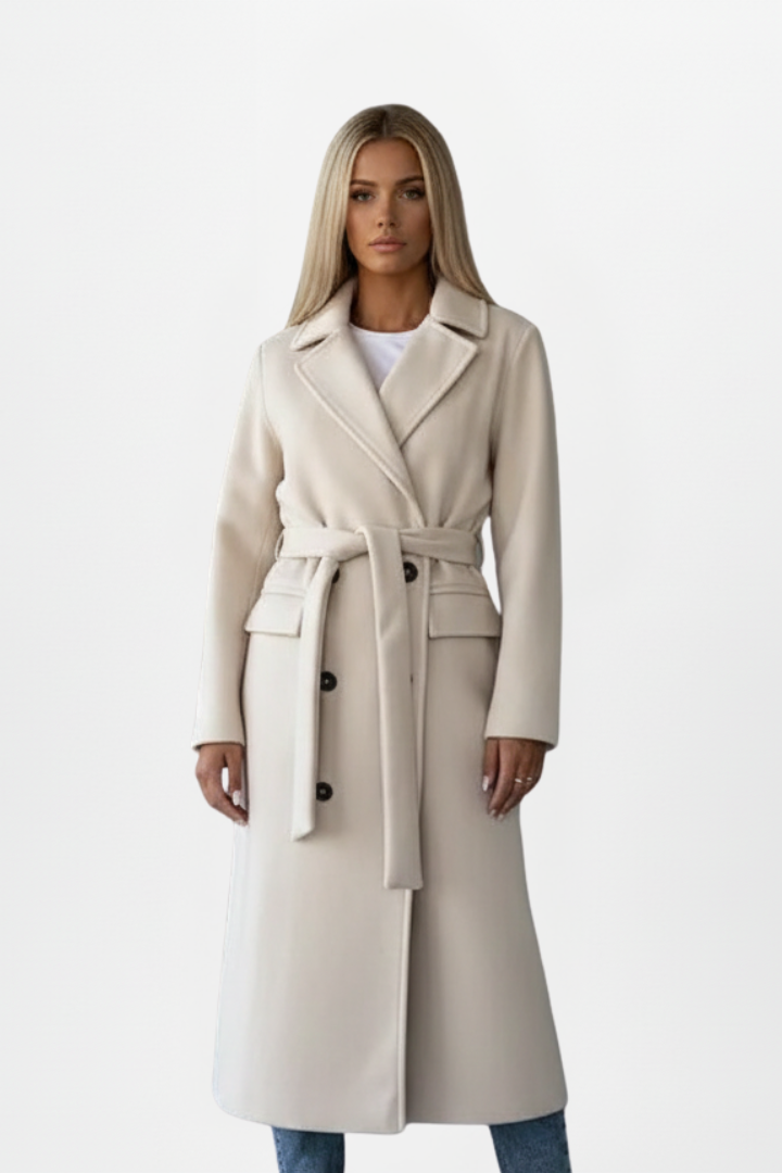 Women's Long Coat with Belt and Double-Breasted Buttons