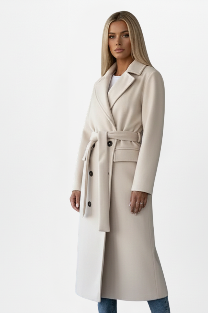 Women's Long Coat with Belt and Double-Breasted Buttons