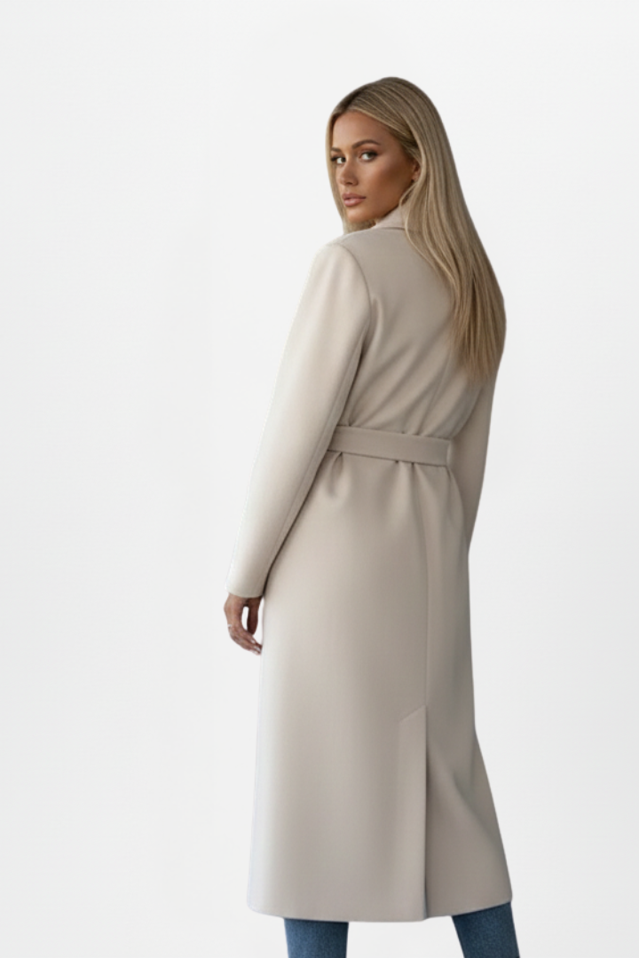 Women's Long Coat with Belt and Double-Breasted Buttons