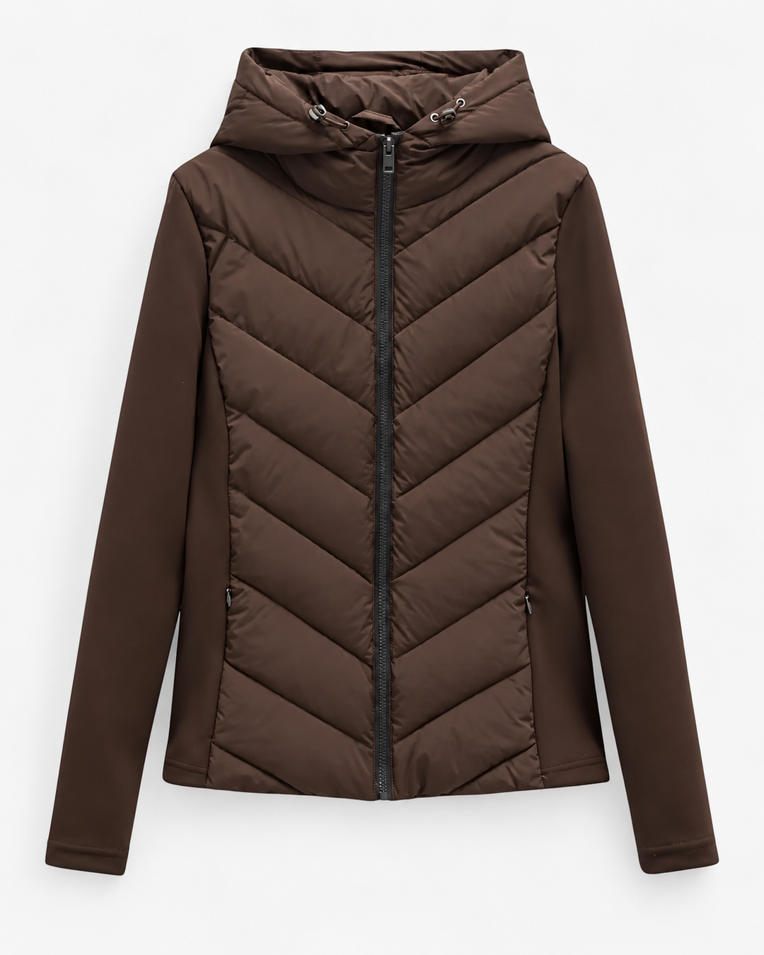 Women's puffer jacket with hood, chevron quilting and front zip