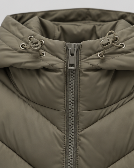 Women's puffer jacket with hood, chevron quilting and front zip