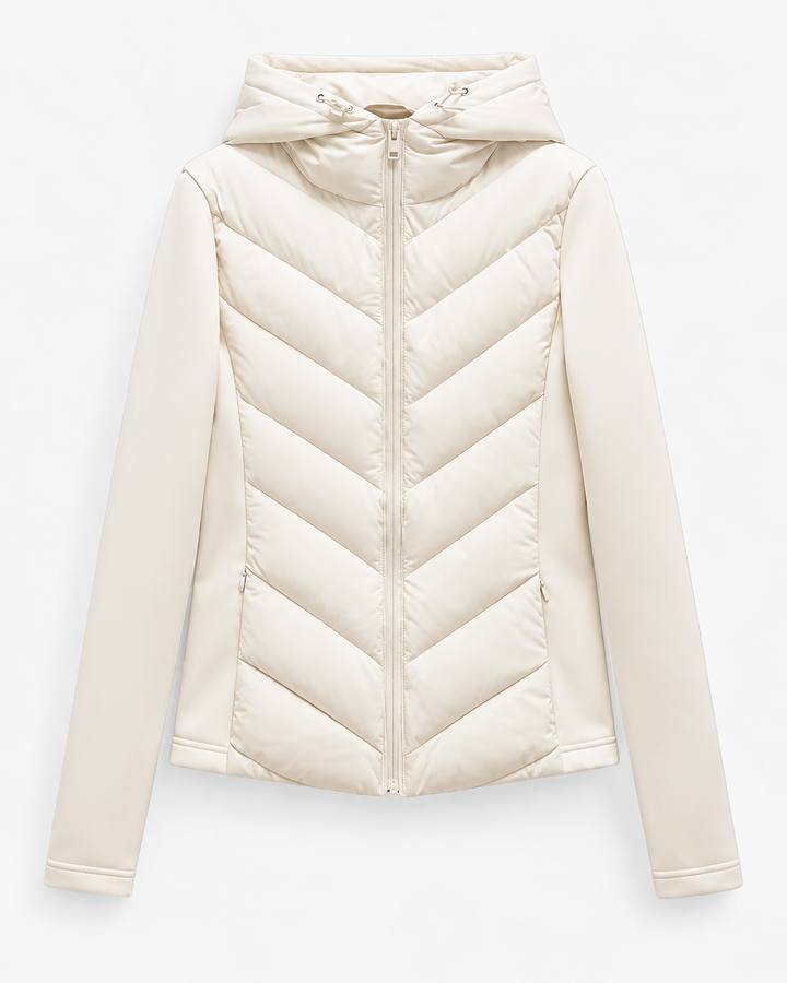 Women's puffer jacket with hood, chevron quilting and front zip